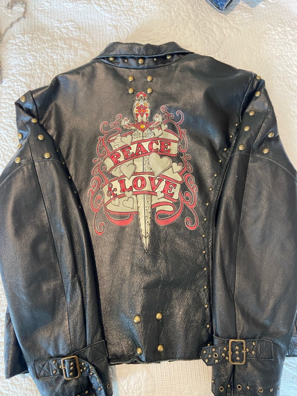 Wilson Black Studded Leather Jacket with Peace & Love Back Graphic